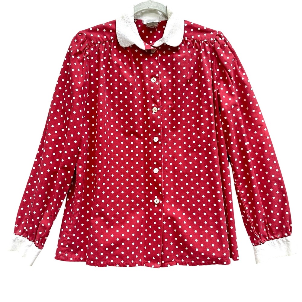 VTG Laura Ashley Button Up Shirt Blouse White/Red Polka Dot Sz 12 Cottagecore